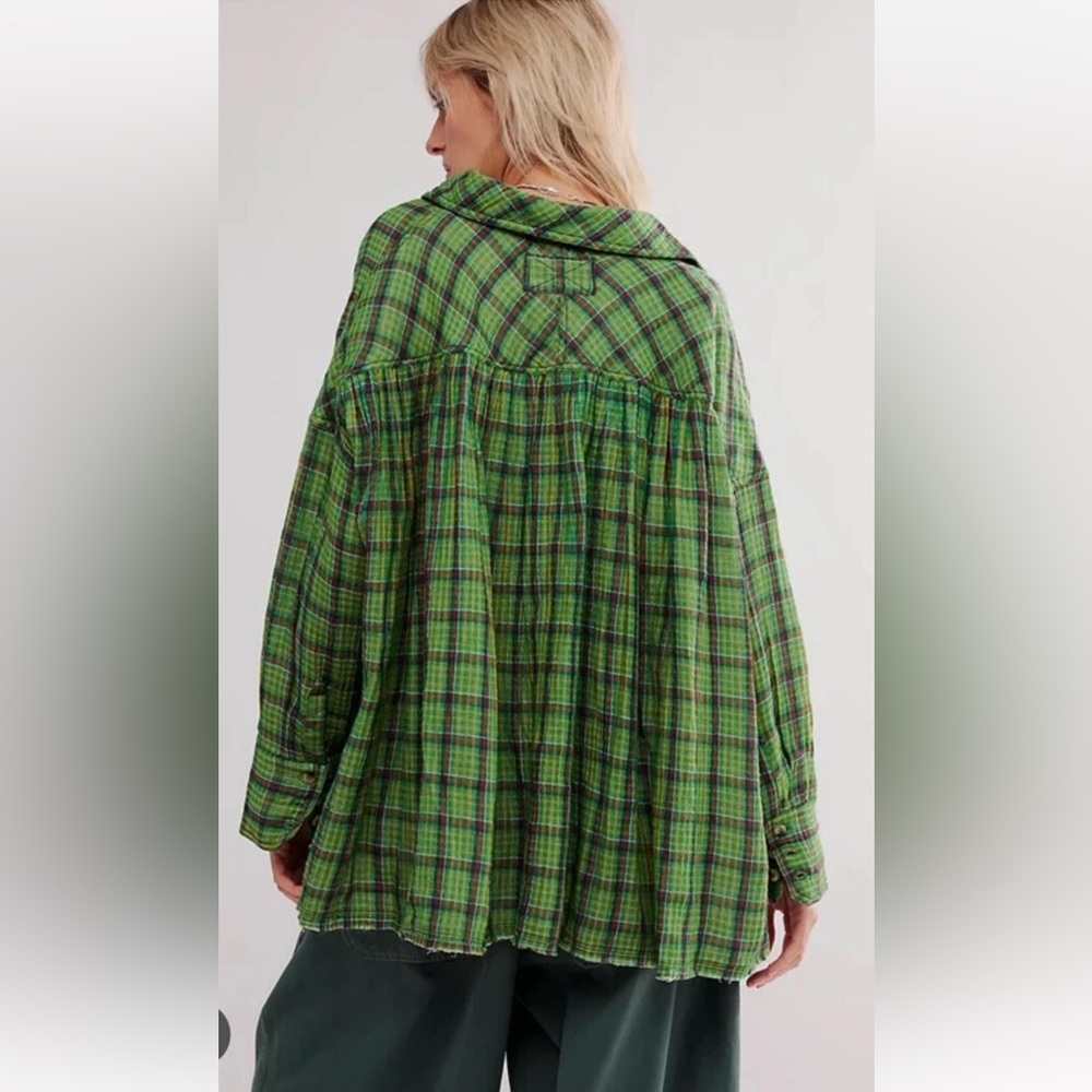 Free People We The‎ Free Cardiff Oversized Gauze Shirt Green Plaid Women’s XS - Picture 5 of 16
